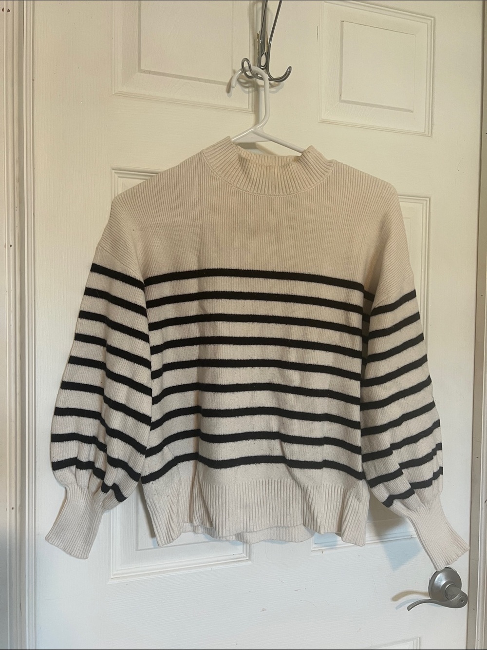 Cream & Black Striped Cowl-Neck Sweater